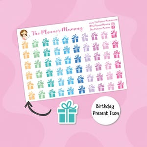 May include: A sheet of planner stickers featuring colorful gift box designs. The text "The Planner Mummy" and social media details are visible. A separate sticker shows a gift box icon with "Birthday Present Icon".