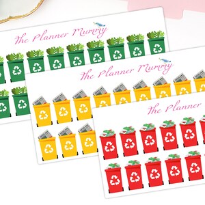 May include: Three sheets of planner stickers featuring different colored recycling bins. The first sheet has green bins with green leafy plants inside. The second sheet has yellow bins with newspapers inside. The third sheet has red bins with red and white recycling symbols.