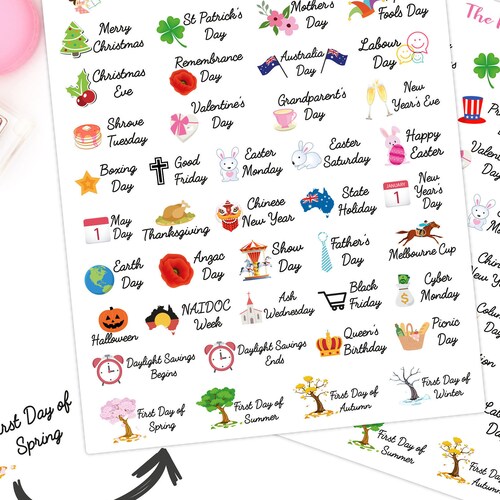 40 x Annual Public Australian or USA Holiday Easter Christmas Season Winter Summer Reminder Stickers Planner Diary Calendar