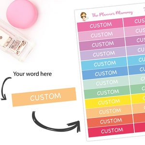 May include: A sheet of colorful custom stickers with the text "CUSTOM" printed on each sticker. The stickers are arranged in two columns, with each column having 12 stickers. The stickers are in a variety of colors, including pink, purple, blue, green, yellow, orange, and red.