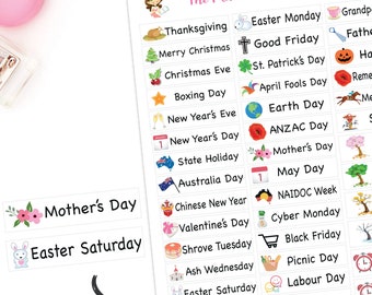 40 x Annual Public Australian or USA Holiday Headers Alternative Christmas Season Winter Summer Reminder Stickers Planner Diary Calendar