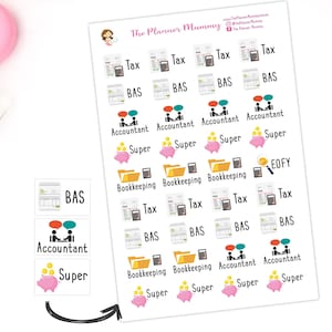 May include: A sheet of stickers with various icons related to accounting and bookkeeping. The icons include a calculator, a piggy bank, a folder, and a person with a speech bubble. The text on the stickers includes "Tax", "BAS", "Accountant", "Super", "Bookkeeping", and "EOFY".