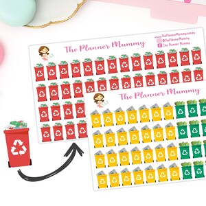 May include: Two sheets of stickers featuring different colored recycling bins. The first sheet has 48 red recycling bins with a green recycling symbol. The second sheet has 48 yellow and green recycling bins with a white recycling symbol. The text "The Planner Mummy" is printed on both sheets.