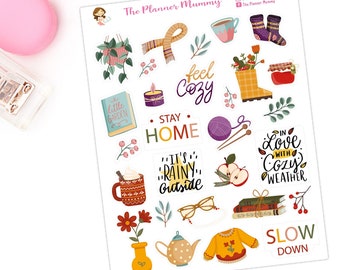 61 x Autumn Fall Cosy Reading Book Tea Lazy Day Planner Stickers rainy day rain knitting knit Tracker Organiser Diary