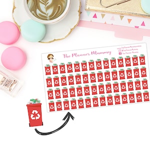 May include: A sheet of red recycling bin stickers with a green recycling symbol. The stickers are arranged in rows and columns on a white background. The text "The Planner Mummy" is at the top of the sheet.