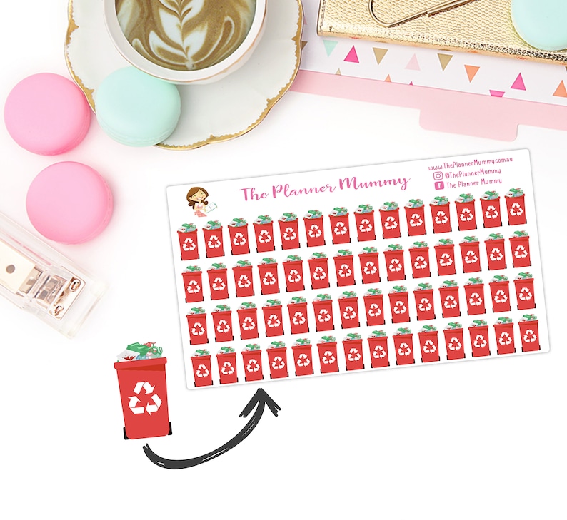 May include: A sheet of red recycling bin stickers with a green recycling symbol. The stickers are arranged in rows and columns on a white background. The text "The Planner Mummy" is at the top of the sheet.