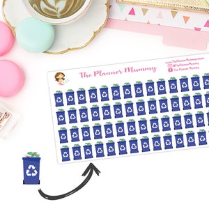 May include: A sheet of 63 blue recycling bin stickers with a white recycling symbol and green and white trash inside. The stickers are on a white background. The text "The Planner Mummy" is at the top of the sheet.