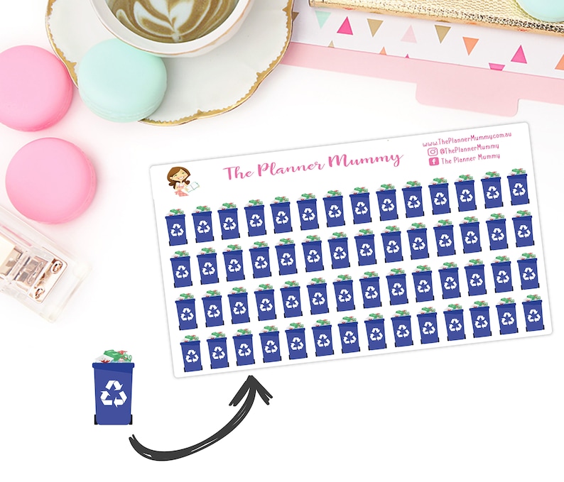 May include: A sheet of 63 blue recycling bin stickers with a white recycling symbol and green and white trash inside. The stickers are on a white background. The text "The Planner Mummy" is at the top of the sheet.