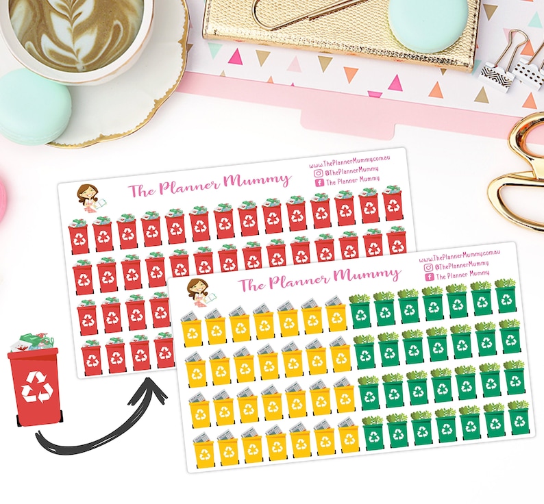 May include: Two sheets of stickers featuring different colored recycling bins. The first sheet has 48 red recycling bins with a green recycling symbol. The second sheet has 48 yellow and green recycling bins with a white recycling symbol. The text "The Planner Mummy" is printed on both sheets.