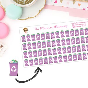 May include: A sheet of stickers featuring 63 purple recycling bins with a white recycling symbol. The bins are filled with various items, including paper, plastic, and glass. The stickers are designed for use in planners and journals.