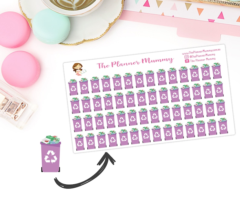 May include: A sheet of stickers featuring 63 purple recycling bins with a white recycling symbol. The bins are filled with various items, including paper, plastic, and glass. The stickers are designed for use in planners and journals.
