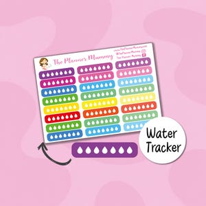 May include: A sheet of colorful water tracker stickers with the text "Water Tracker" on a white circle. The stickers are in various colors, including purple, pink, blue, green, yellow, orange, and red, with white water drop icons.