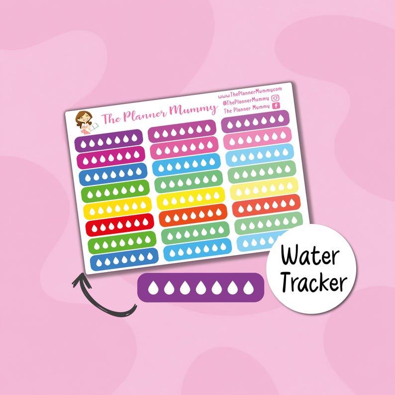 May include: A sheet of colorful water tracker stickers with the text "Water Tracker" on a white circle. The stickers are in various colors, including purple, pink, blue, green, yellow, orange, and red, with white water drop icons.
