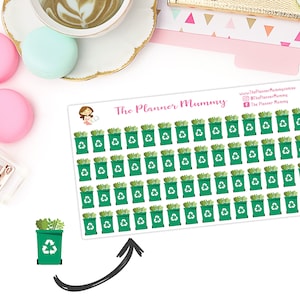 May include: A sheet of 72 green recycling bin stickers with a white background. The stickers feature a green recycling bin with a white recycling symbol and green leaves on top. The text "The Planner Mummy" is printed in pink at the top of the sheet.