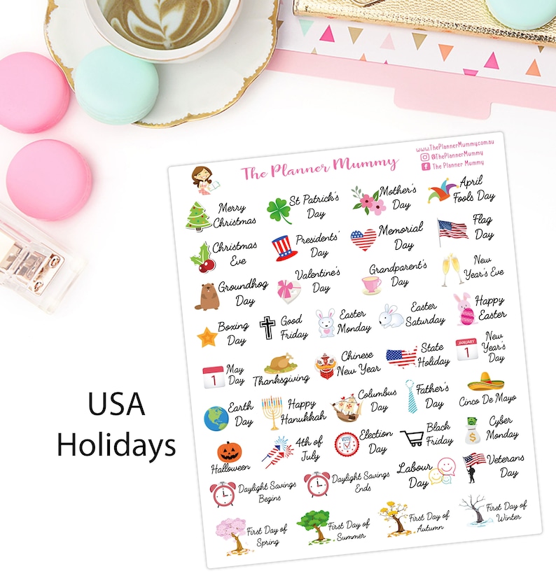 40 x Annual Public Australian or USA Holiday Easter Christmas Season Winter Summer Reminder Stickers Planner Diary Calendar USA