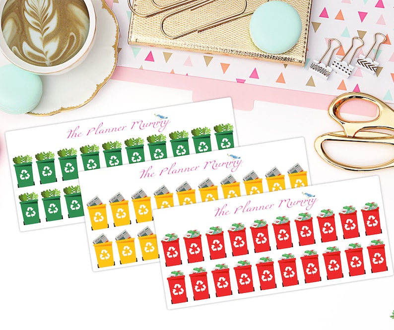 May include: Three sheets of planner stickers featuring different colored recycling bins. The first sheet has green bins with green leafy plants inside. The second sheet has yellow bins with newspapers inside. The third sheet has red bins with red and white recycling symbols.