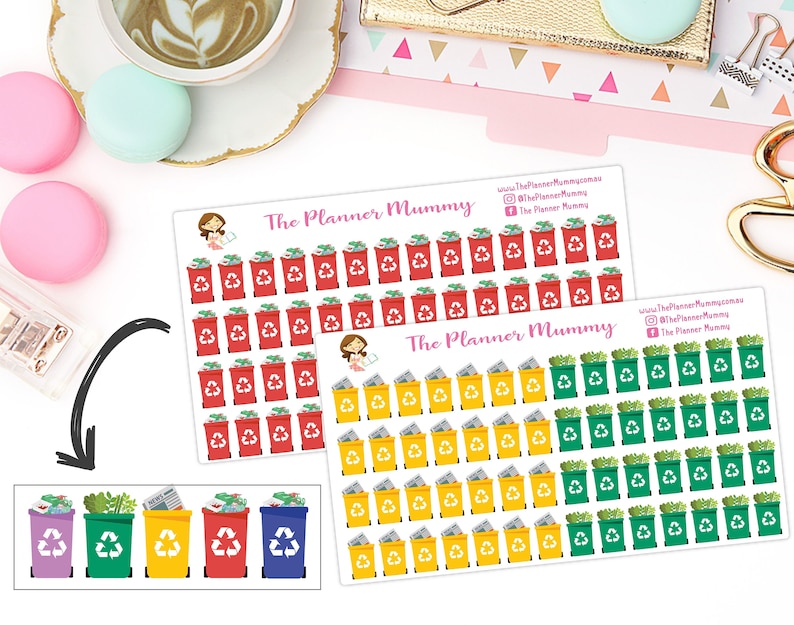 May include: A sheet of stickers featuring various colored recycling bins with different types of trash inside. The bins are red, yellow, green, and purple. The text "The Planner Mummy" appears at the top of the sheet.