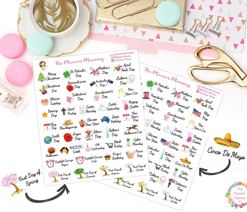 40 x Annual Public Australian or USA Holiday Easter Christmas Season Winter Summer Reminder Stickers Planner Diary Calendar image 1