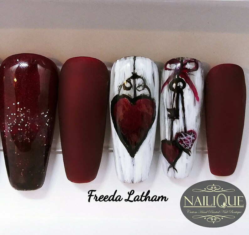 Hand Painted Coffin Shaped Nails. Valentine Hearts &amp; Love | Etsy