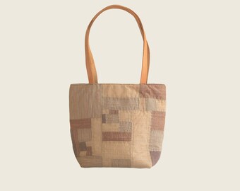 Bolso de parche de ramio castaño, bolso de mano Sashiko, bolso de patchwork, bolso de mano reciclado, bolso teñido naturalmente, bolso de mano teñido naturalmente, bolso hecho a mano