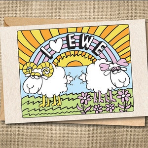 Cartão espirituoso de aniversário: trocadilho "I Love Ewe" - Saudação personalizável para casais, cônjuges, parceiros, cartão de felicitações ilustrado, cartão gráfico
