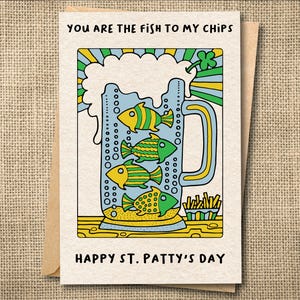Carte illustrée Fish & Chips de la Saint-Patrick - Design trèfle fait main pour une célébration irlandaise, jolie carte faite main pour la Saint-Patrick
