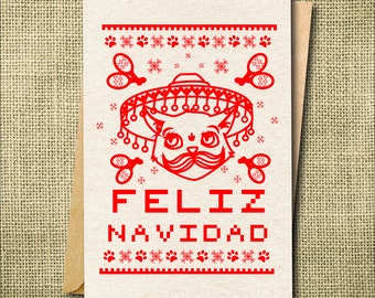 Feliz Navidad Card, Funny Christmas Card, Christmas Card Set, Funny Cat Card, Mexican Cat Card, Christmas Cards Lot, Ugly Sweater Card