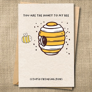 Tarjeta divertida para el día de San Valentín: juego de palabras "Honey to My Bee" (Miel para mi abeja): linda nota de amor para esposa, esposo, pareja, San Valentín cursi, linda tarjeta de aniversario