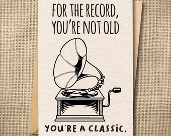 Funny Vinyl Record Birthday Card: Retro Turntable, For Grandpa or Dad