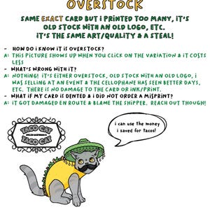Peut inclure: Illustration fantaisiste d'un chat gris d&eacute;guis&eacute; en taco, portant un sombrero et une moustache. L'image contient du texte : "OVERSTOCK" et "TACO CAT", ainsi qu'une bulle de dialogue : "I can use the money I saved for tacos!"