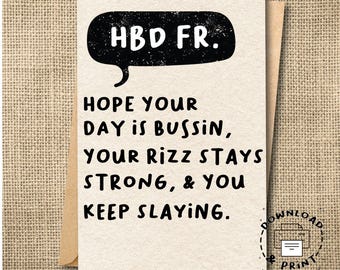 Printable Birthday Card for Teen Slang Card, Bussin, Rizz, Print at Home