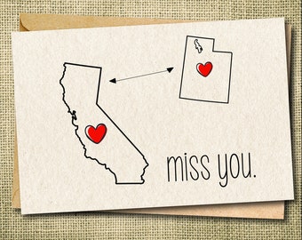 Miss You Card, State to State Card, State to State Greeting Card, Best Friend Card, Long Distance Card,  Best Friend Gift, Friendship Card