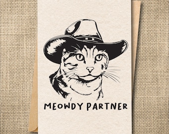 Funny Cowboy Cat Card | Meowdy Partner Greeting | Cat Lover Western Gift