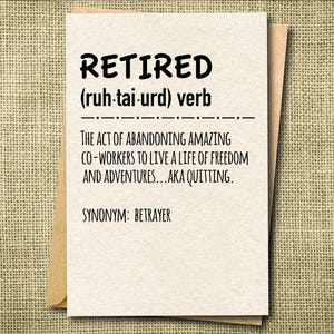 Carte de retraite drôle, définition de la retraite, carte d'adieu sarcastique, carte d'adieu pour collègues, carte de bonne chance, carte d'adieu drôle