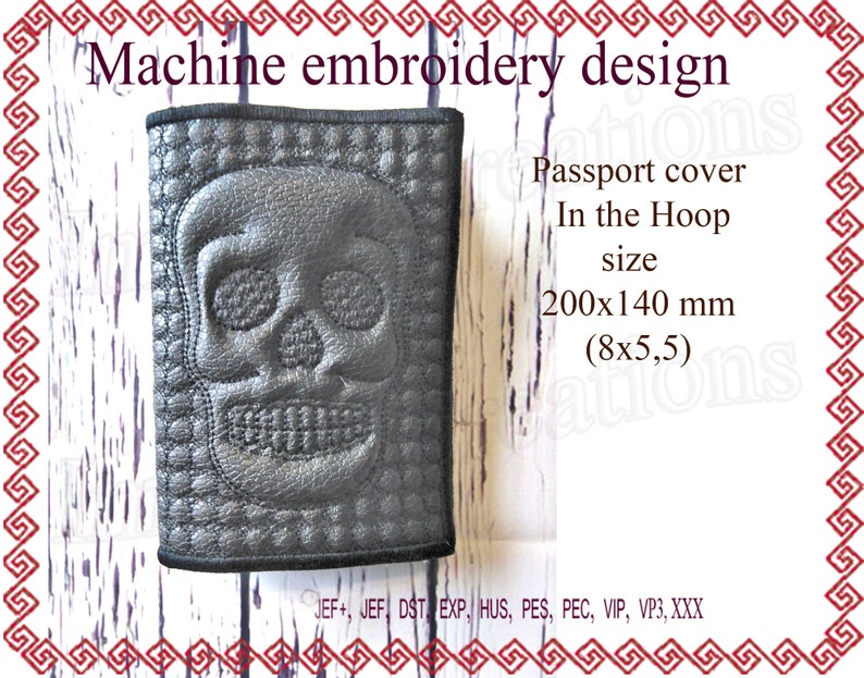 Passport Cover Embroidery Designs in the Hoop Trapunto Skull Etsy
