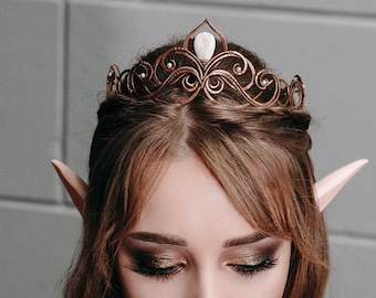 Elven diadem made of copper with pearls - Copper bridal headpiece Handcrafted gemstone crown Elven tiara