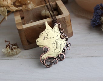 Cat necklace-brooch - Totem jewelry Hand engraved mixed metal cat necklace Handmade  jewelry Gift for cat lovers