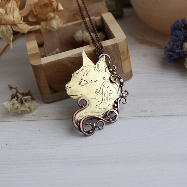 Cat necklace-brooch - Totem jewelry Hand engraved mixed metal cat necklace Handmade  jewelry Gift for cat lovers