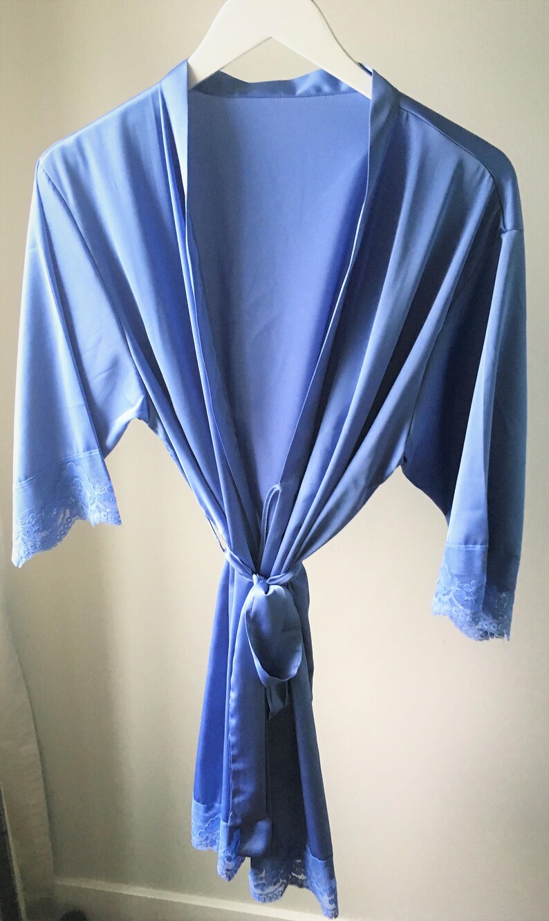 Bridal Party Robe Robes Wedding Kimono Bridesmaid PLUS SIZE Iris Satin Bridesmaid Robes with Lace Trim Silky Satin Robes Blue Robe