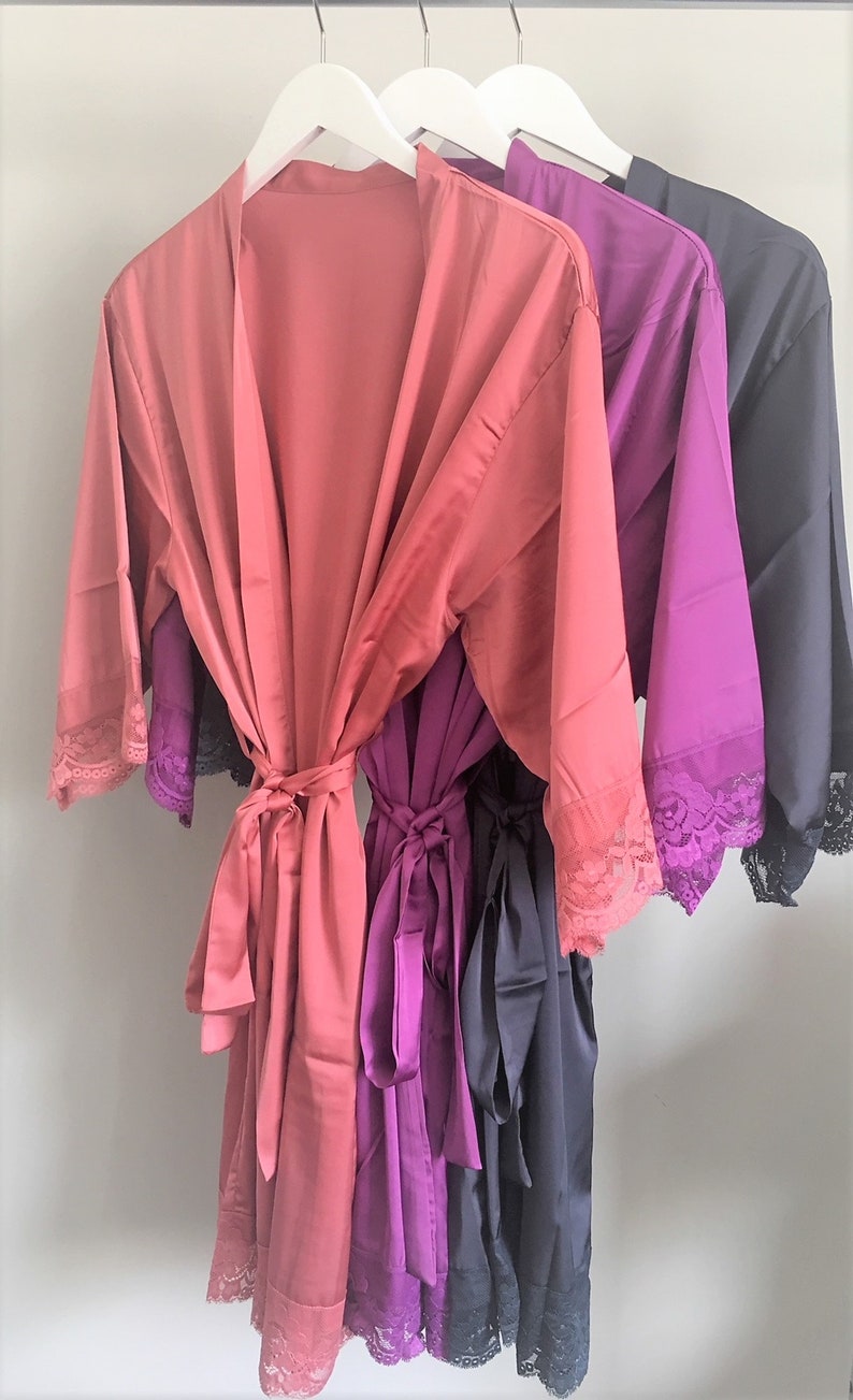 Black Satin Bridesmaid Robe with Lace Trim Wedding Bridal Etsy