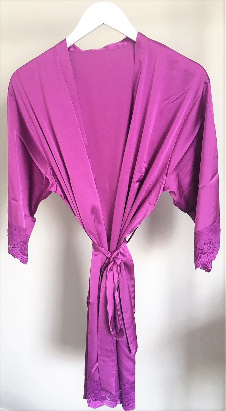 Bridesmaid gift Robes Silky Satin Robes Purple Bridal Party Robes Kimono Purple Satin Bridesmaid Robes with Lace Trim Wedding