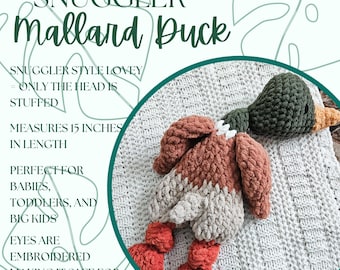 Crochet Mallard Duck Snuggler, Handmade Plush Lovey