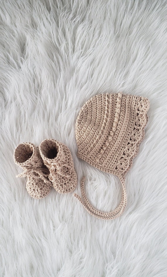 Cream Baby Bonnet and Booties Set 6-12 Months Crochet Baby 