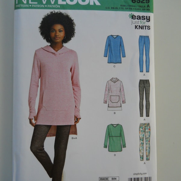 Easy Knit Athleisure Tunic & Leggings NewLook 6529 A (XS-XL) New Sewing Pattern, Hooded Top, Kangaroo Pocket, Long Sleeve, Leggings, Plus