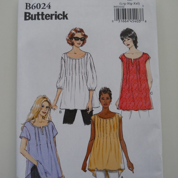 Easy, Loose Fitting Pin Tuck Tunic Butterick B6024 Y (XS-S-M) or ZZ (L-XL-Xxl) New Sewing Pattern, Scoop Neck, High Low Hemline, Plus