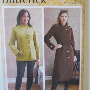 May include: A sewing pattern for two jackets, one in a brown color and one in a green color. The pattern is from Butterick and is size 16-18-20-22-24. The pattern number is B6793.