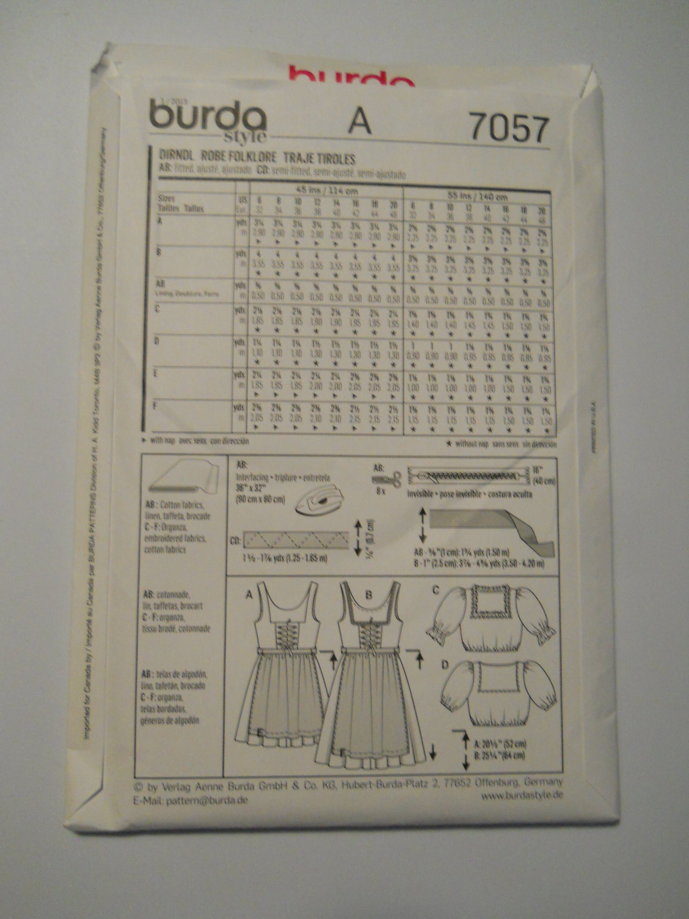 Dirndl German Clothing Burda Young 7057 (US 6 to 20) Sewing Pattern for ...