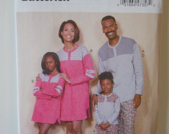 Family Cozy Stretch Pajama Butterick B6531 Sewing Pattern for Adults and Children in Knits, Nightgown, Pajama Top, Pants, Shorts Unisex