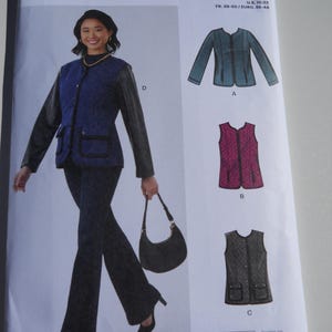 May include: New Look sewing pattern N6812 for a jacket or vest. The envelope displays a blue quilted jacket with black sleeves and pockets, a pink quilted vest, and a black quilted vest. Sizes U.S. 10-22, FR. 38-50, and EURO. 36-48 are listed.
