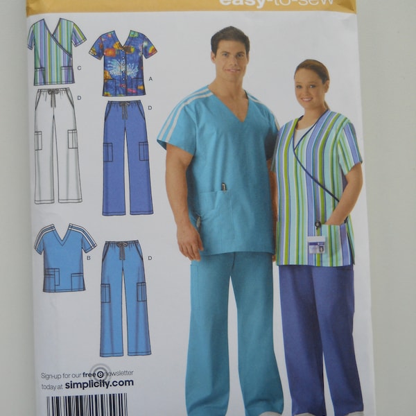 Unisex V Neck Scrubs Simplicity 4101 AA (S,M,L) or BB (Xl,Xxl,Xxxl) New Sewing Pattern for Scrub Top & Cargo Pants, Medical, Dental, Vet